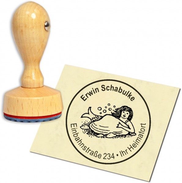 Stempel Adressstempel Holzstempel - Meerjungfrau mit Muschel - rund 40mm