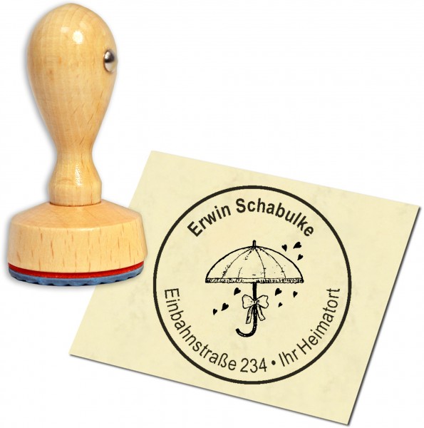 Stempel Adressstempel Holzstempel - Regenschirm mit Herzen - rund 40mm