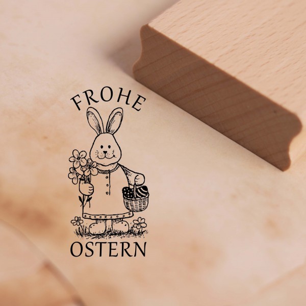 Motivstempel Frohe Ostern - Frau Osterhase Blumen und Ostereier Stempel Holzstempel 28 x 58 mm