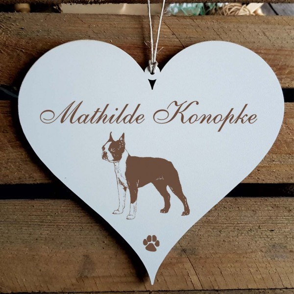 Herz Schild « Boston Terrier » mit Namen - Türschild zum Anhängen