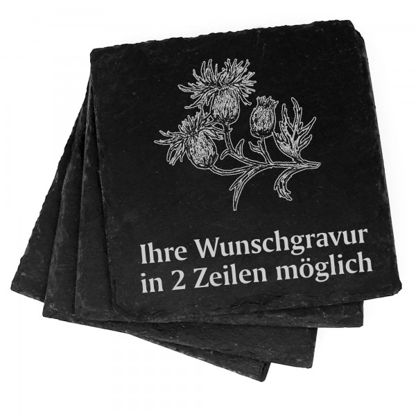 4x Ackerdistel Deko Schiefer Untersetzer Wunschgravur Set - 11 x 11 cm