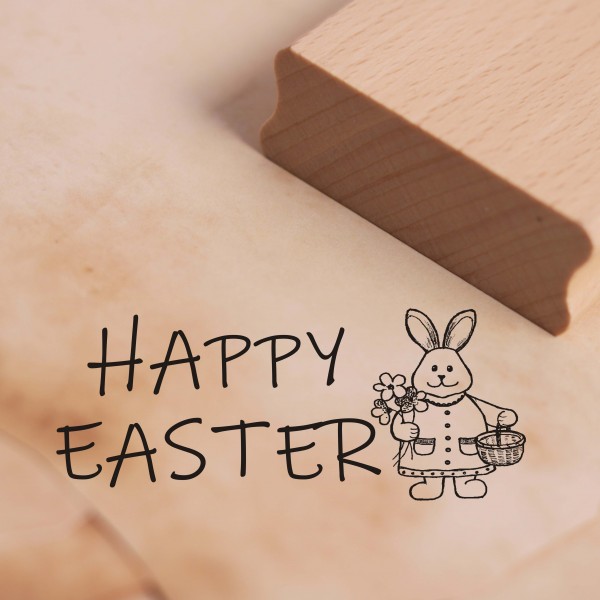 Motivstempel Happy Easter - Osterhase mit Korb und Blume - Stempel Ostern 68 x 28 mm