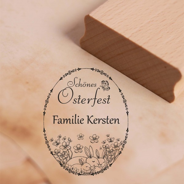 Motivstempel Schönes Osterfest - personalisiert mit Name - Osterei mit Hasen Familie Stempel 38 x 48