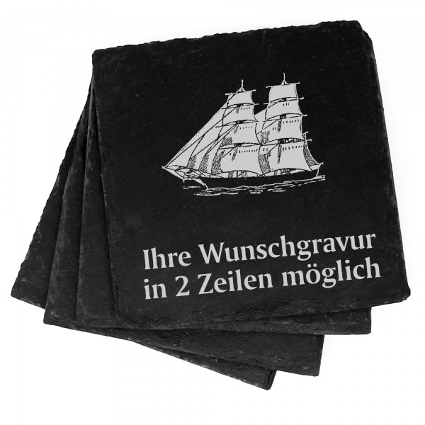 4x Zweimaster Deko Schiefer Untersetzer Wunschgravur Set - 11 x 11 cm