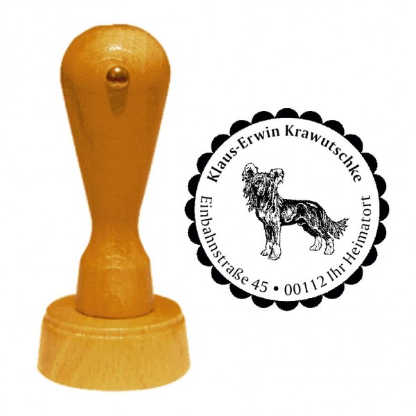 Adressstempel Chinesischer Schopfhund - Holzstempel personalisiert mit Adresse - Ø 40 mm