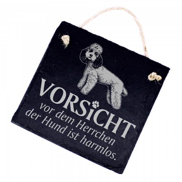 Hundeschild Pudel Schild aus Schiefer - Vorsicht vor dem Herrchen - 11cm x 11cm