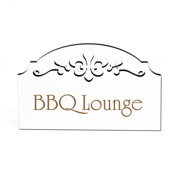 BBQ Lounge Türschild Schild Holz graviert Ornamente selbstklebend Grillplatz Dekoschild 15,5 x 9,5 c
