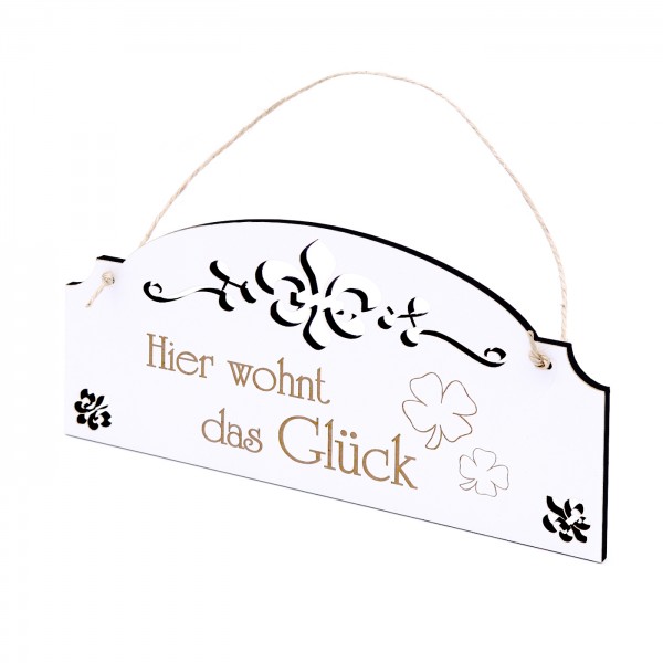 Schild Hier wohnt das Glück - Klee Kleeblätter Vintage Türschild mit Ornamenten